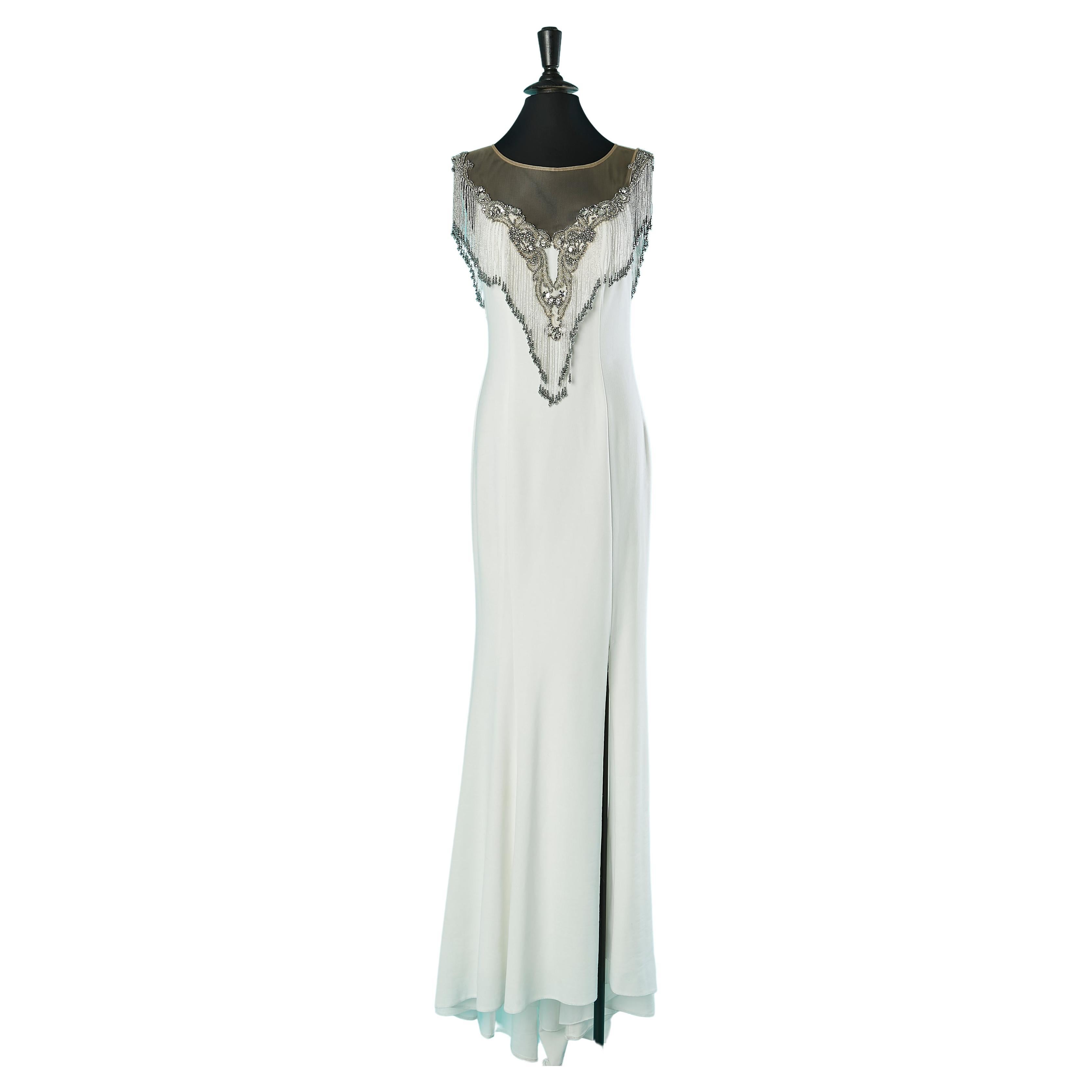 White evening dress with beadwork neckline Gai Mattiolo Red carpet  For Sale