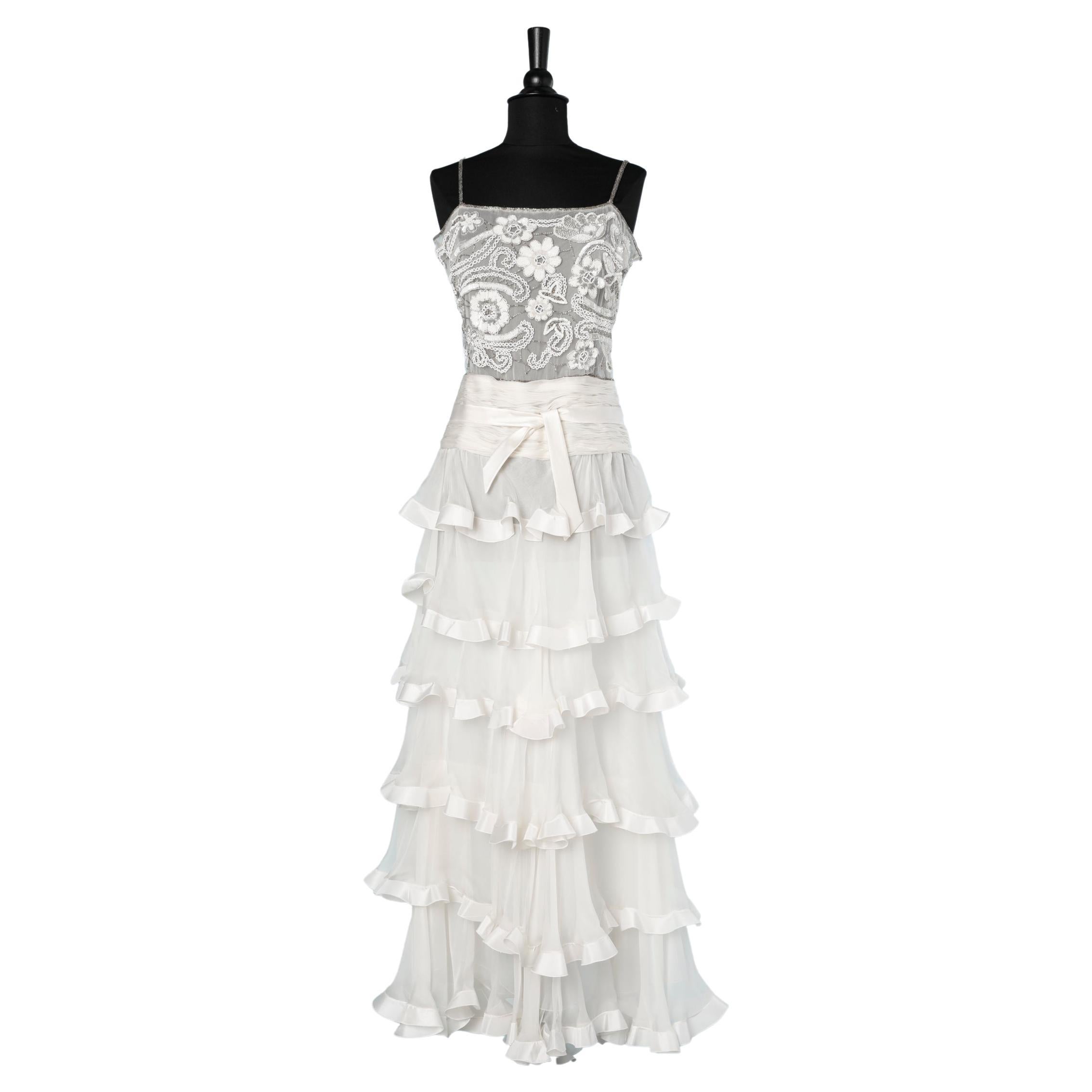 White evening gown with embroidered and chiffon ruffles Valentino 