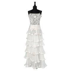 Retro White evening gown with embroidered and chiffon ruffles Valentino 