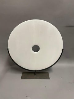 White Extra Large Smooth Jade Disc On Metal Stand, Contemporary, China