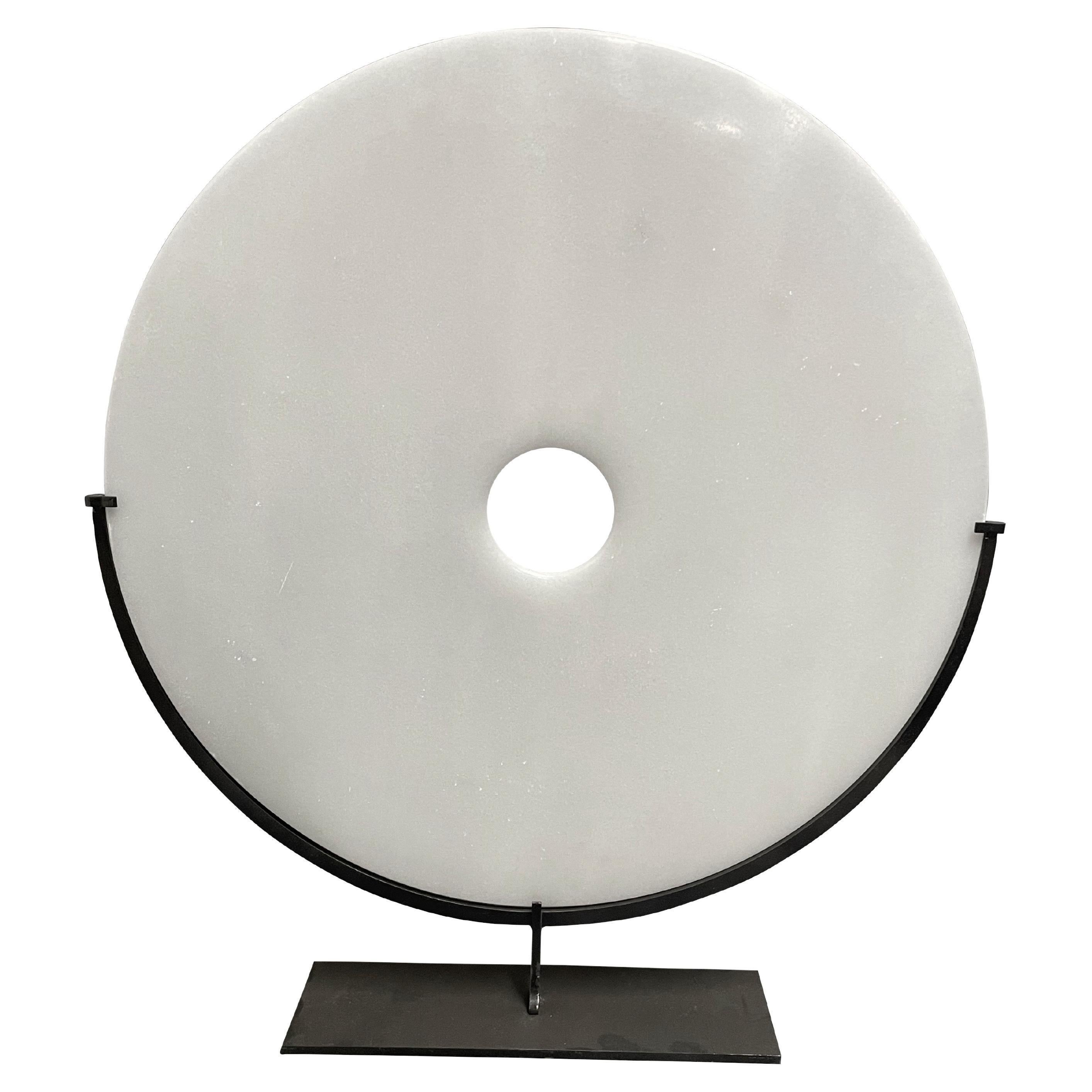White Extra Large Smooth Jade Disc On Metal Stand, Contemporary, China