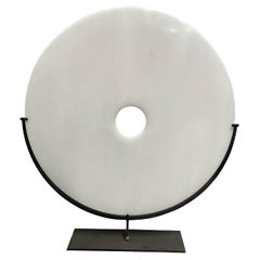 White Extra Large Smooth Jade Disc On Metal Stand, Contemporary, China