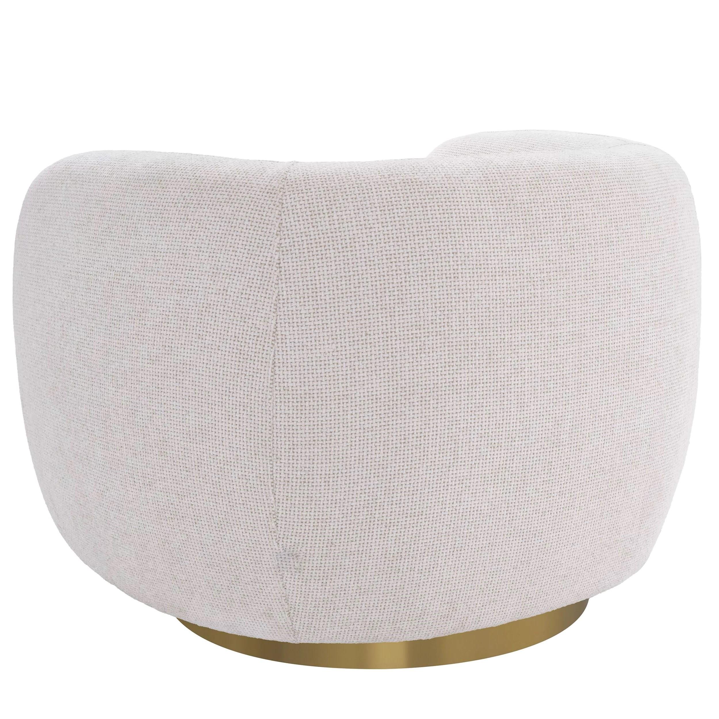Mid-Century Modern White Fabric and Brass Finishes Swivel and Curved Armchair For Sale