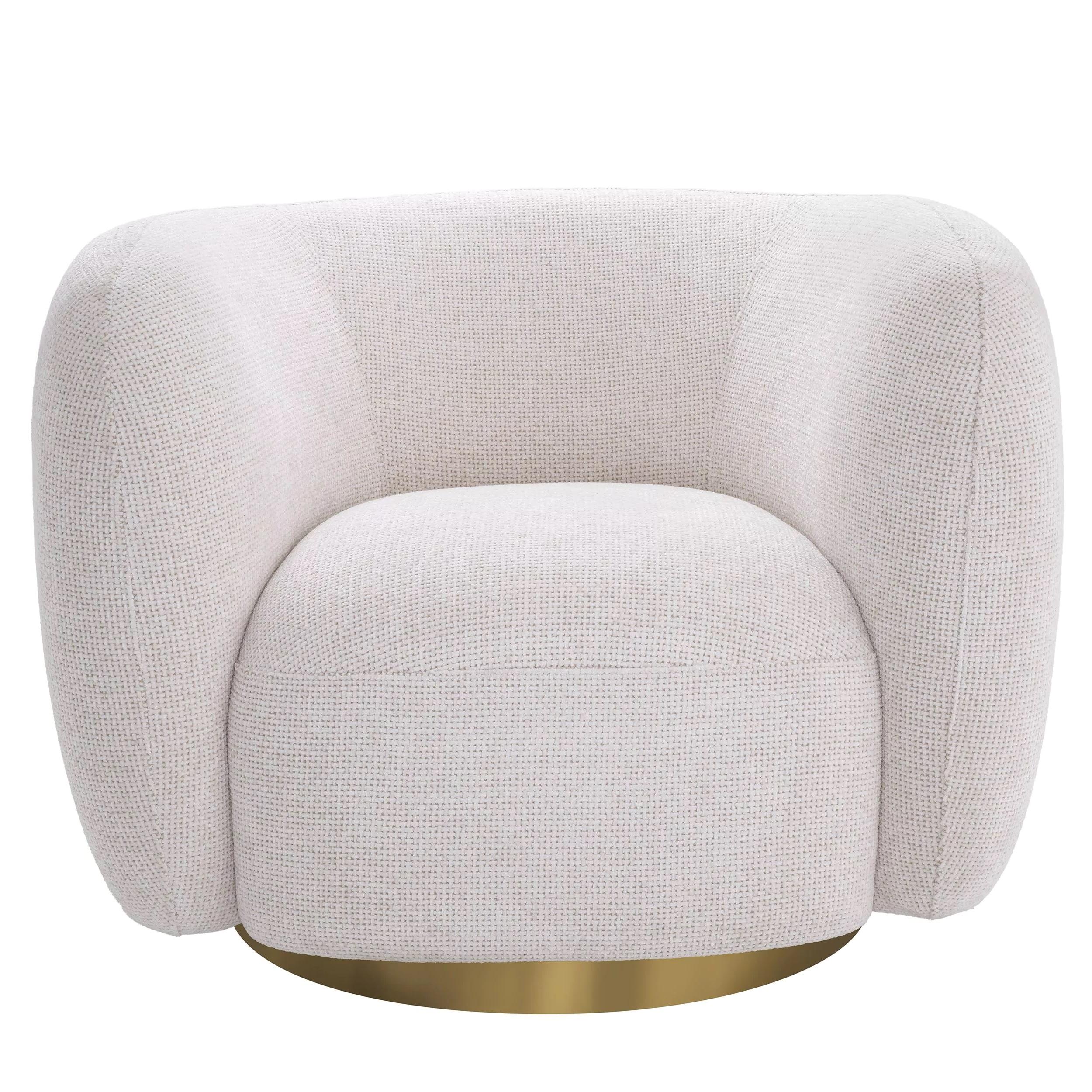 Contemporary White Fabric and Brass Finishes Swivel and Curved Armchair For Sale