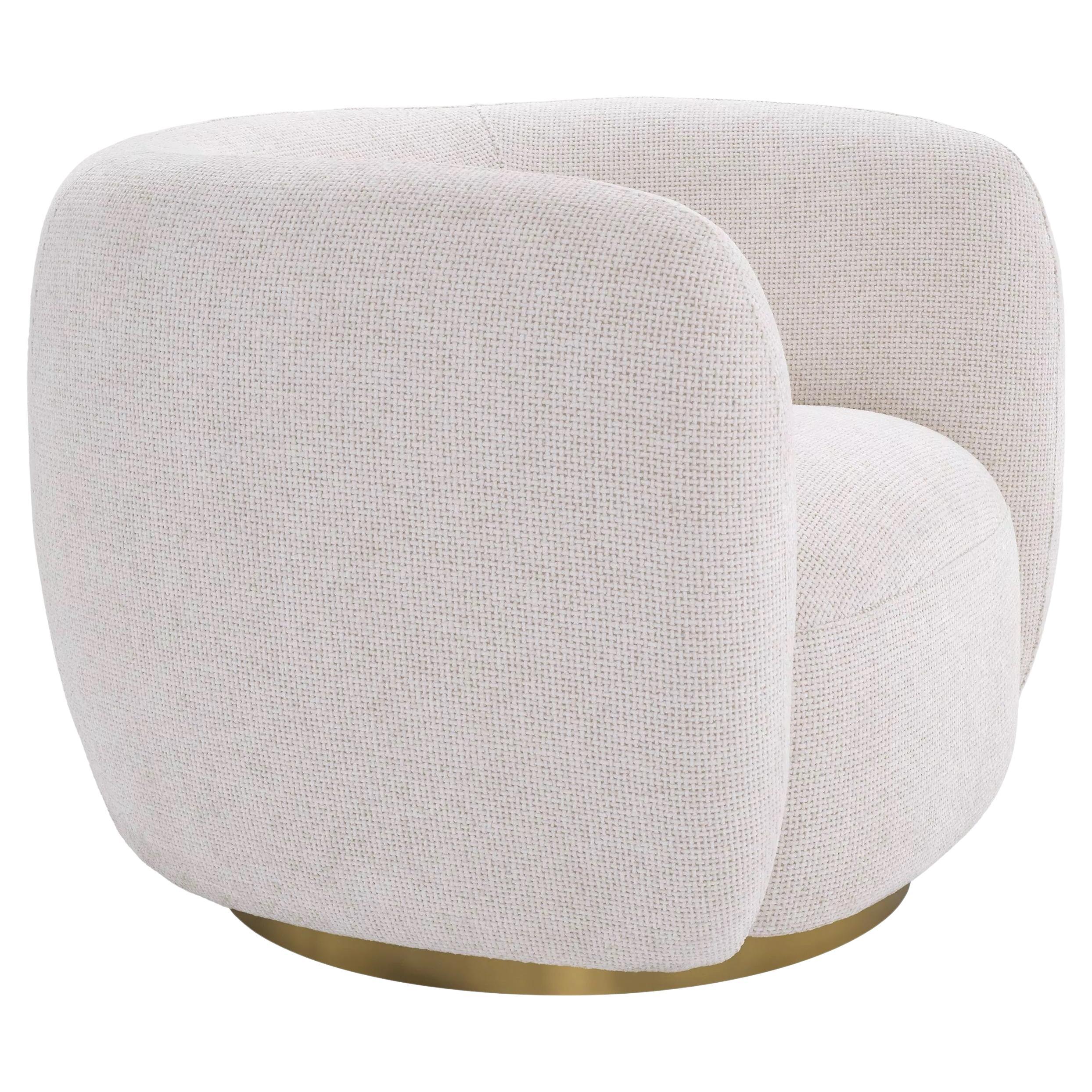 White Fabric and Brass Finishes Swivel and Curved Armchair For Sale