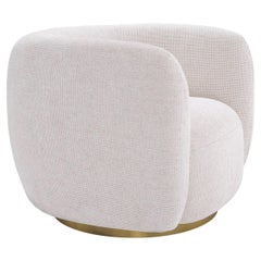 White Fabric and Brass Finishes Swivel and Curved Armchair