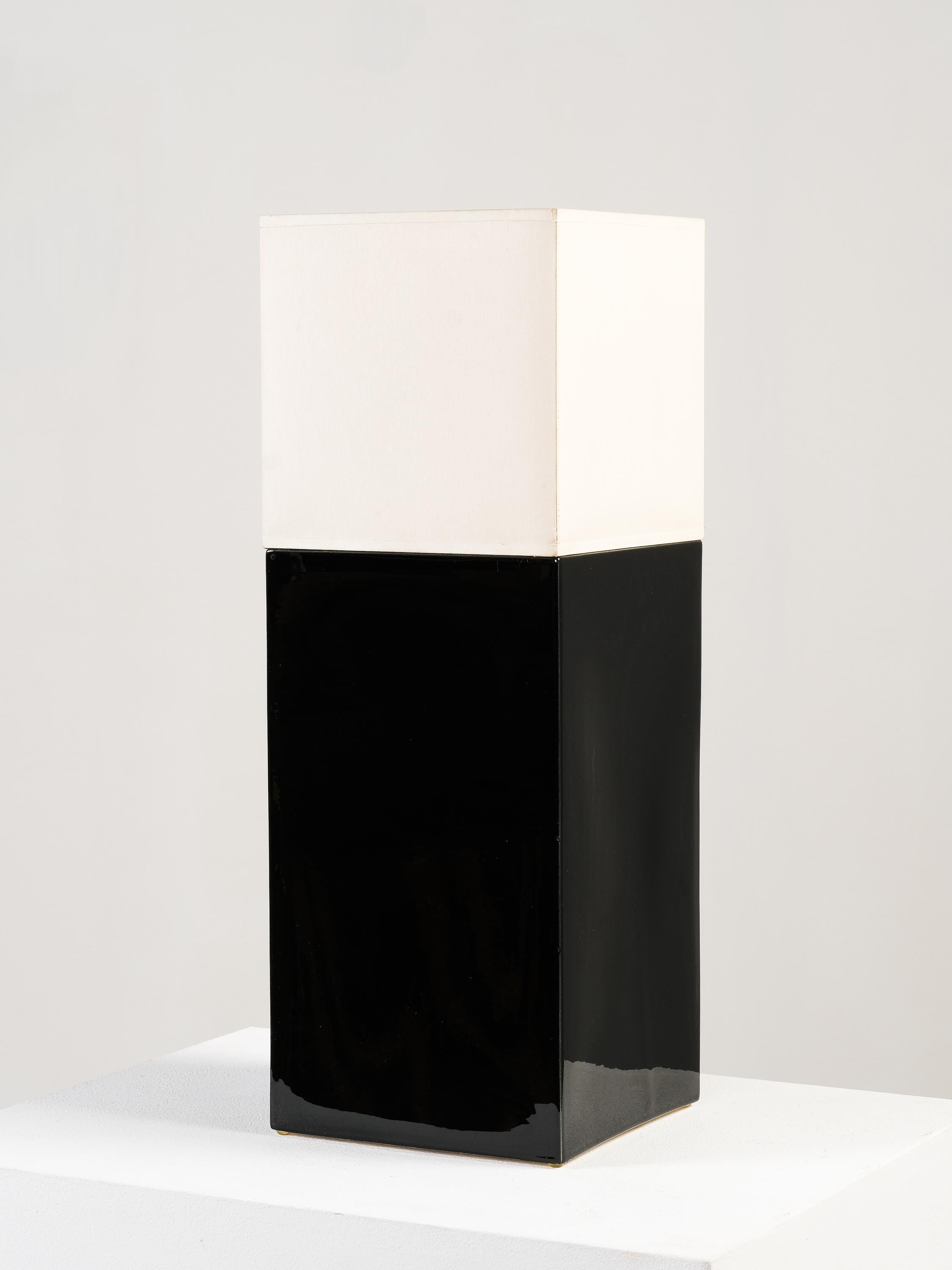 Post-Modern White Fabric & Black Ceramic Lamp by Faïencerie de Charolles, France, 1980s For Sale