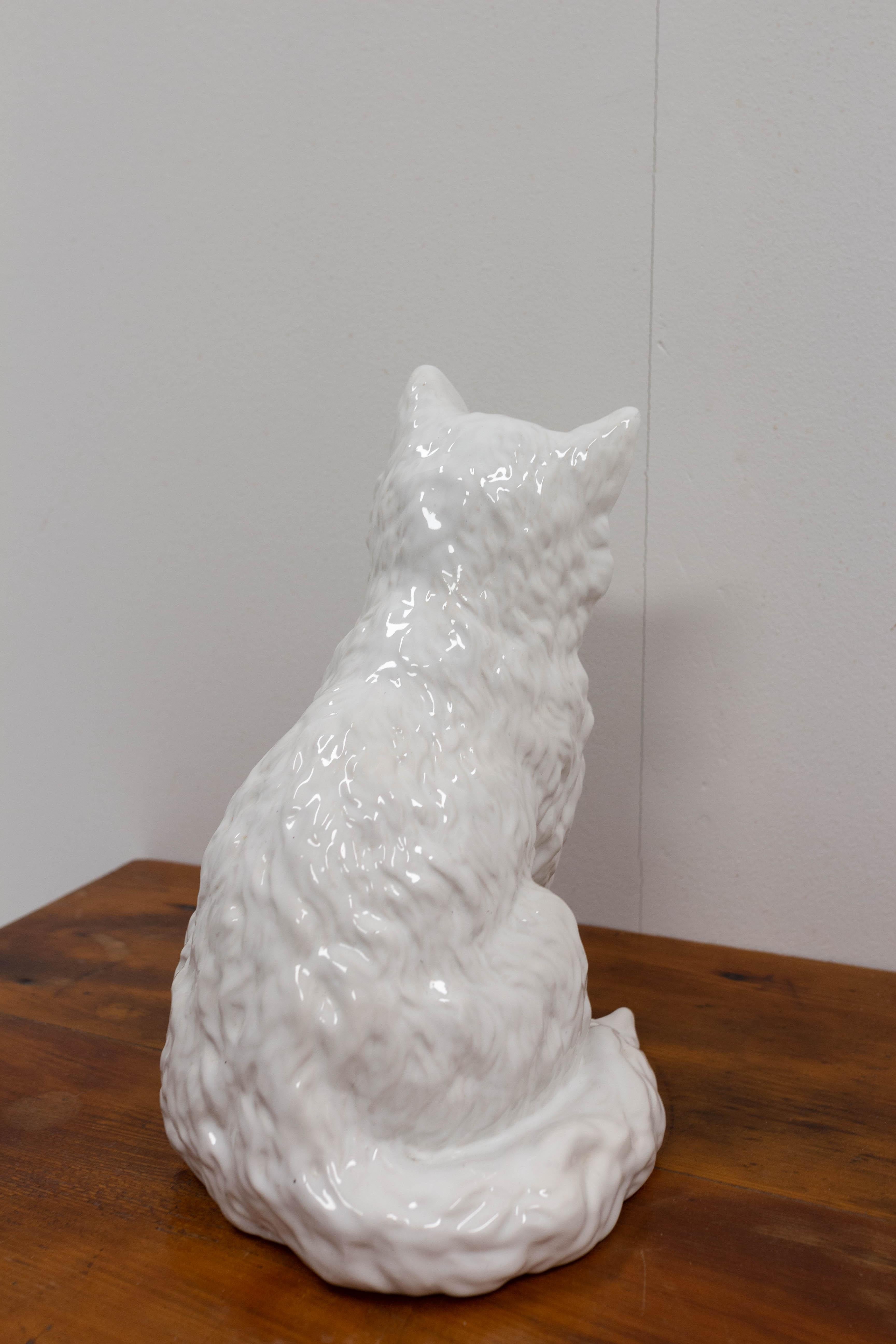 White Faience Lying Cat Statue, French circa 1980 1