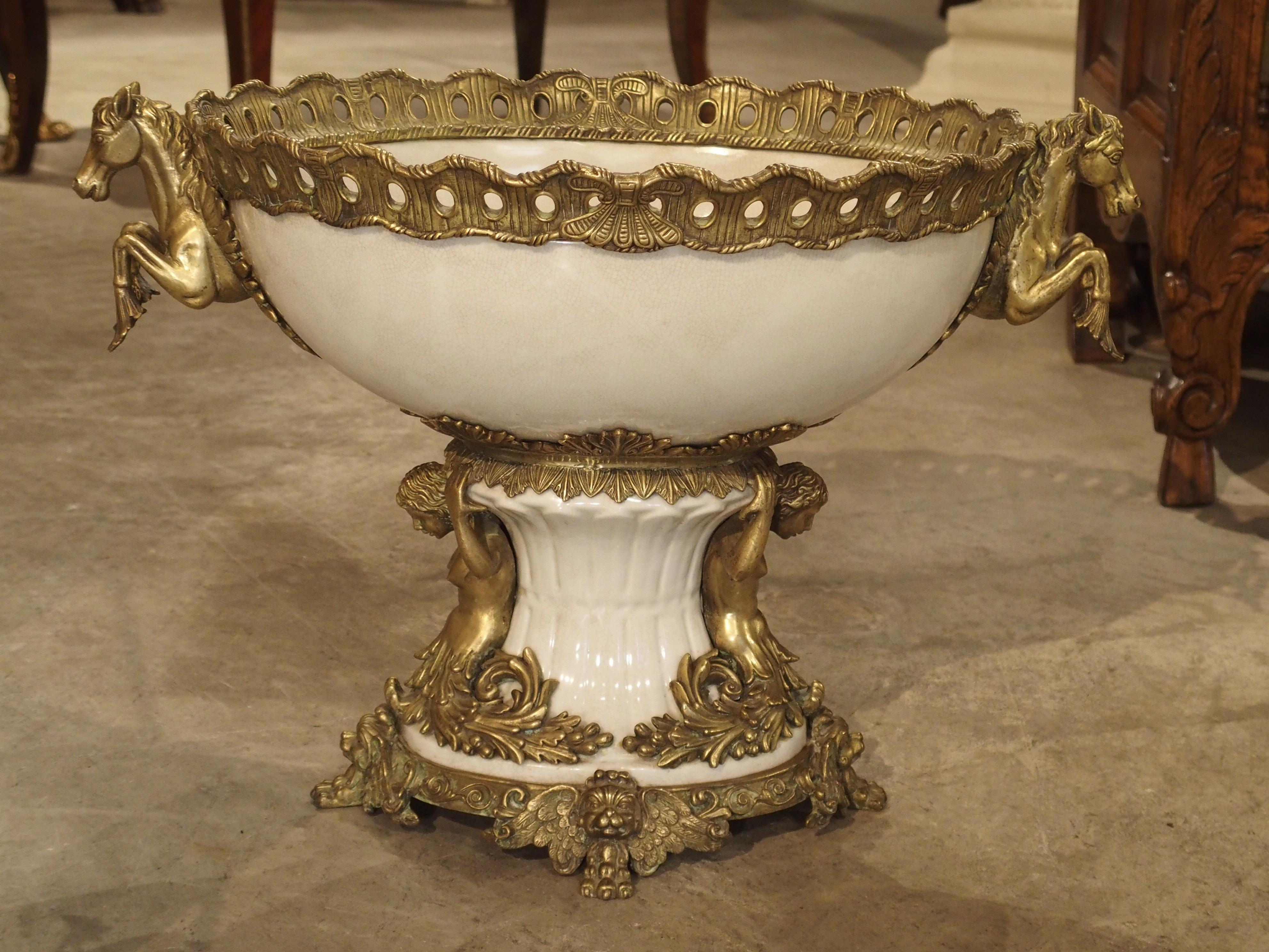 White Faience Urn with Gilt Bronze-Mounted Horses from France, circa 1900 5