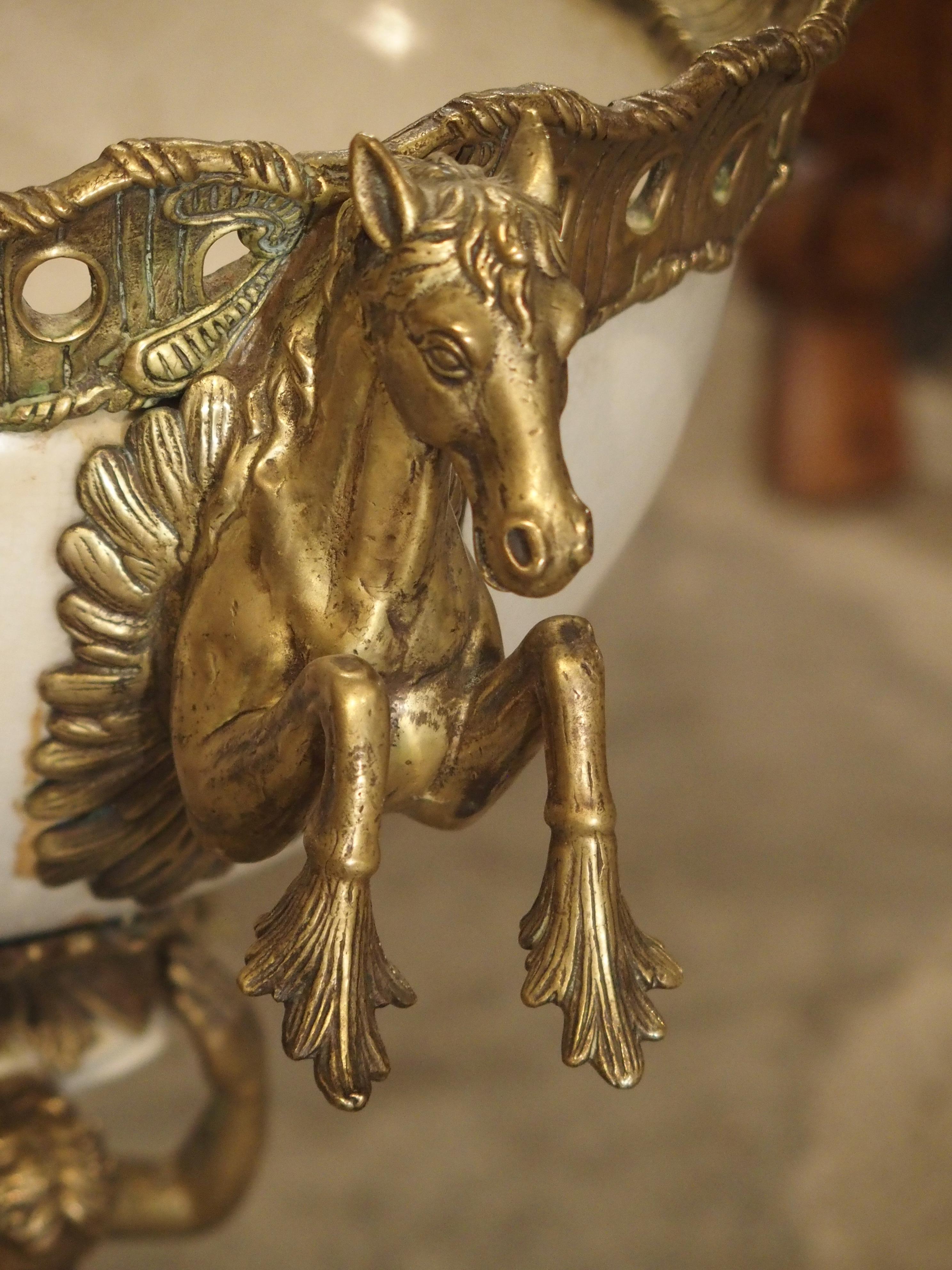 White Faience Urn with Gilt Bronze-Mounted Horses from France, circa 1900 In Good Condition In Dallas, TX
