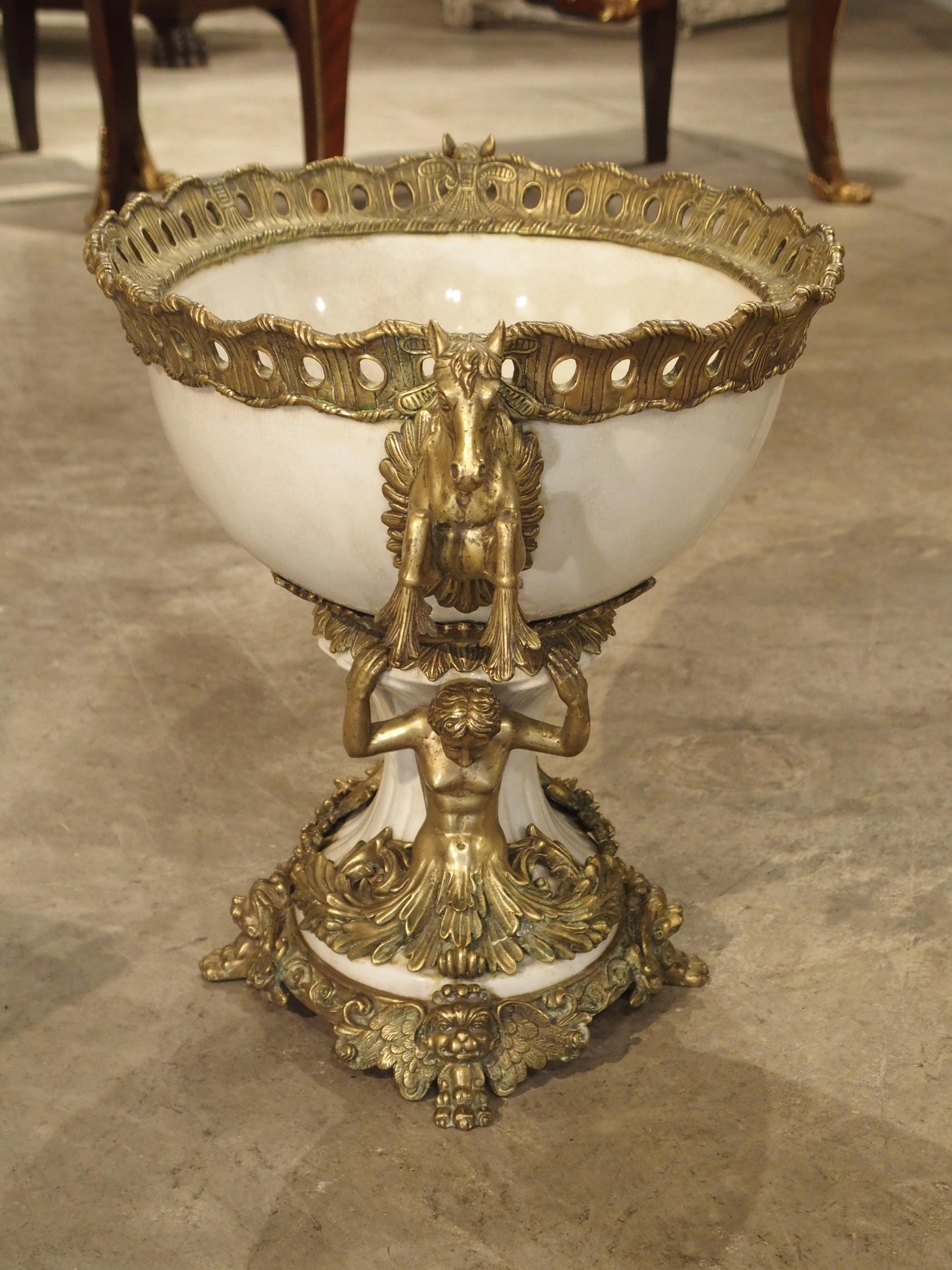 White Faience Urn with Gilt Bronze-Mounted Horses from France, circa 1900 2