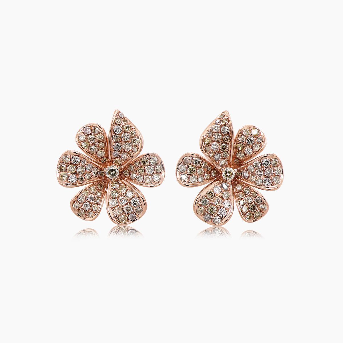 Mixed Cut White & Fancy Diamond Pave Set Floral Flower 18K Rose Gold Earrings For Sale