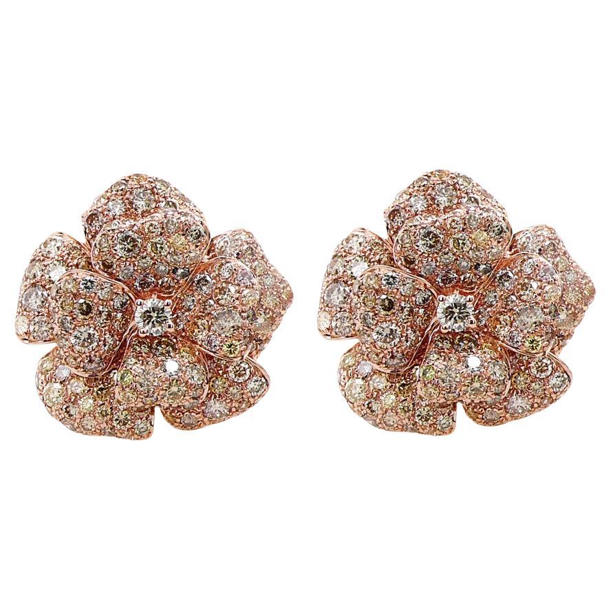 White & Fancy Diamond Pave Set Floral Flower 18K Rose Gold Earrings