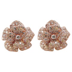 White & Fancy Diamond Pave Set Floral Flower 18K Rose Gold Earrings