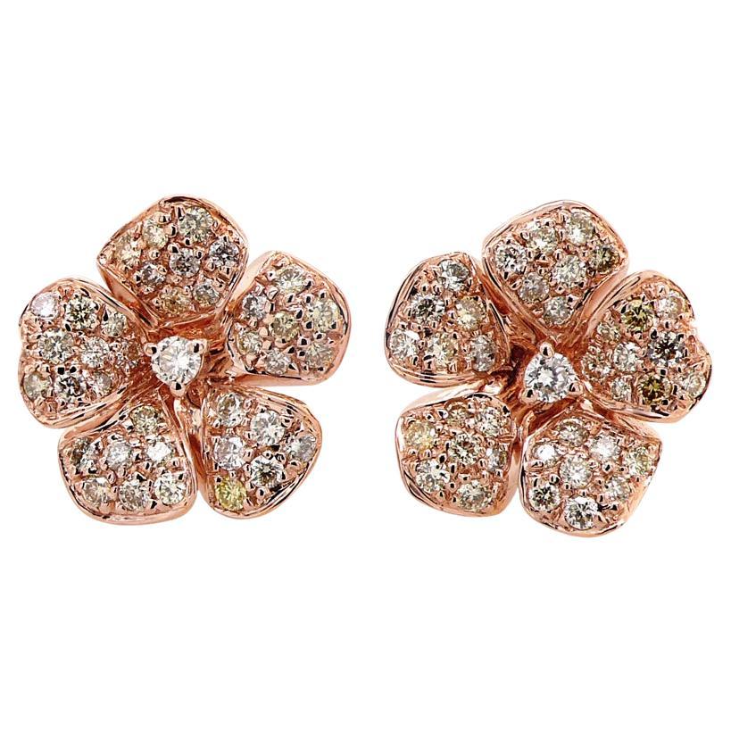 White & Fancy Diamond Pave Set Floral Flower 18K Rose Gold Earrings