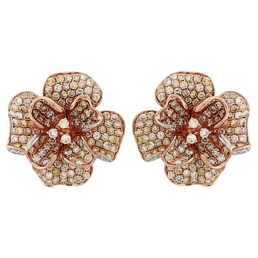 White & Fancy Diamond Pave Set Floral Flower 18K Rose Gold Earrings