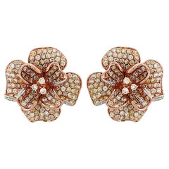 White & Fancy Diamond Pave Set Floral Flower 18K Rose Gold Earrings