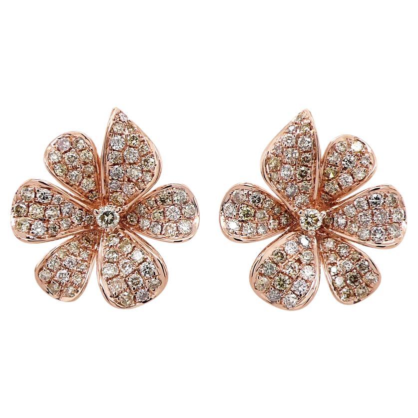 White & Fancy Diamond Pave Set Floral Flower 18K Rose Gold Earrings