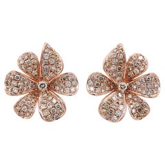 White & Fancy Diamond Pave Set Floral Flower 18K Rose Gold Earrings