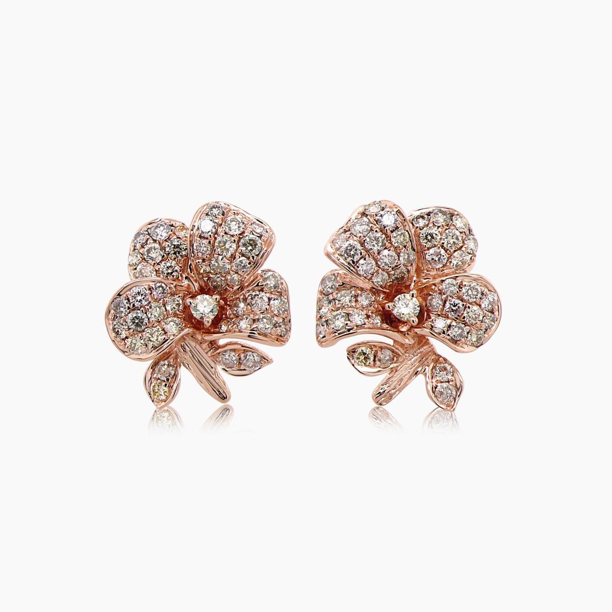 White & Fancy Diamond Pave Set Lilly Floral Flower 18K Rose Gold Earrings In New Condition For Sale In Oakton, VA