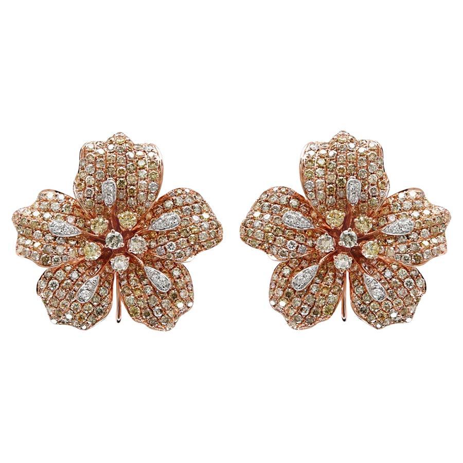 White & Fancy Diamond Pave Set Lilly Floral Flower 18K Rose Gold Earrings