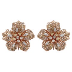 White & Fancy Diamond Pave Set Lilly Floral Flower 18K Rose Gold Earrings