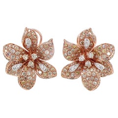 White & Fancy Diamond Pave Set Lilly Floral Flower 18K Rose Gold Earrings
