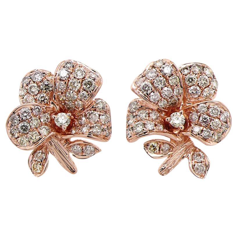 White & Fancy Diamond Pave Set Lilly Floral Flower 18K Rose Gold Earrings