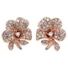 White & Fancy Diamond Pave Set Lilly Floral Flower 18K Rose Gold Earrings
