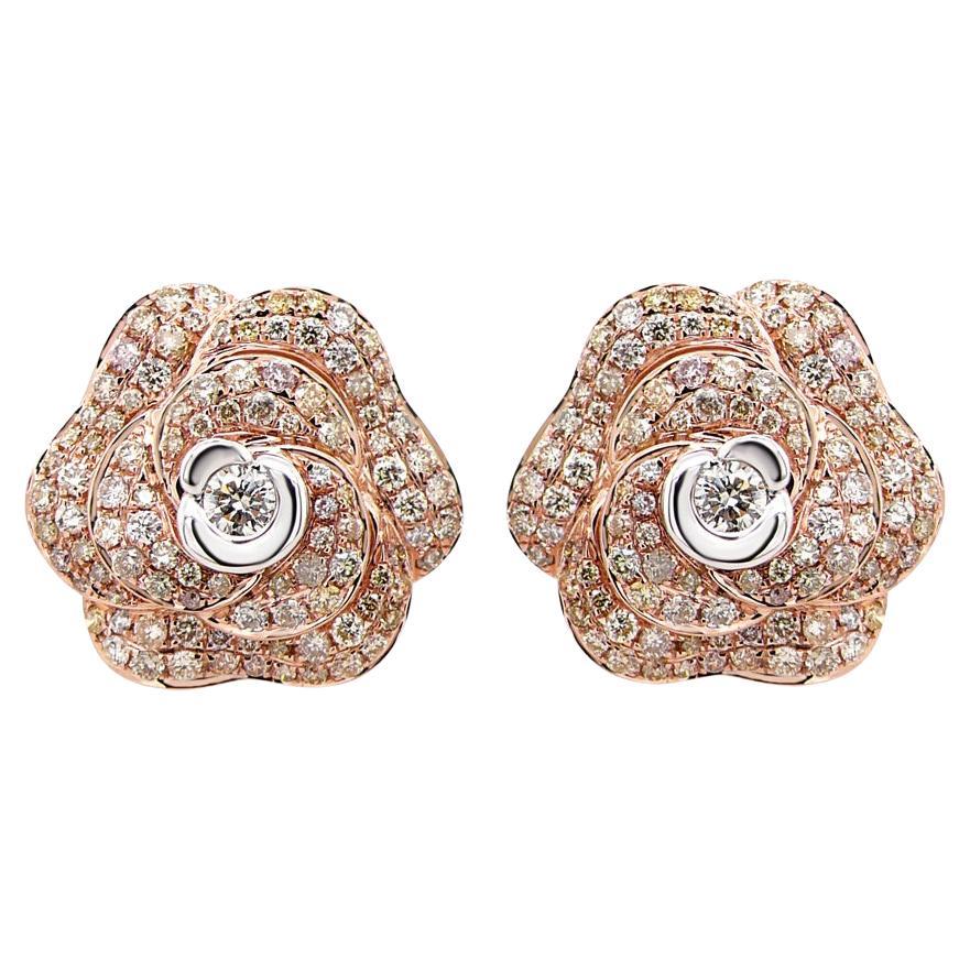 White & Fancy Diamond Pave Set Lilly Floral Flower 18K Rose Gold Earrings