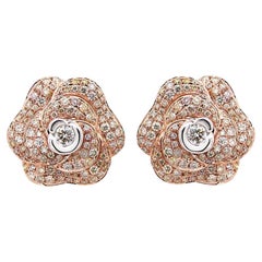 White & Fancy Diamond Pave Set Lilly Floral Flower 18K Rose Gold Earrings