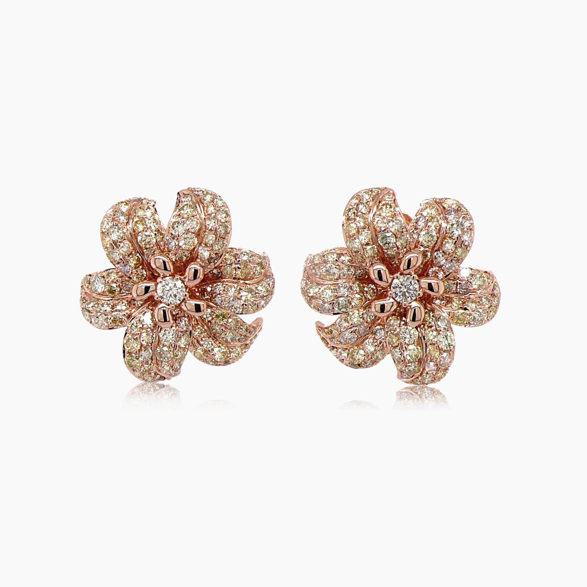 Mixed Cut White & Fancy Diamond Pave Set Lilly Flower 18K Rose Gold Earrings For Sale