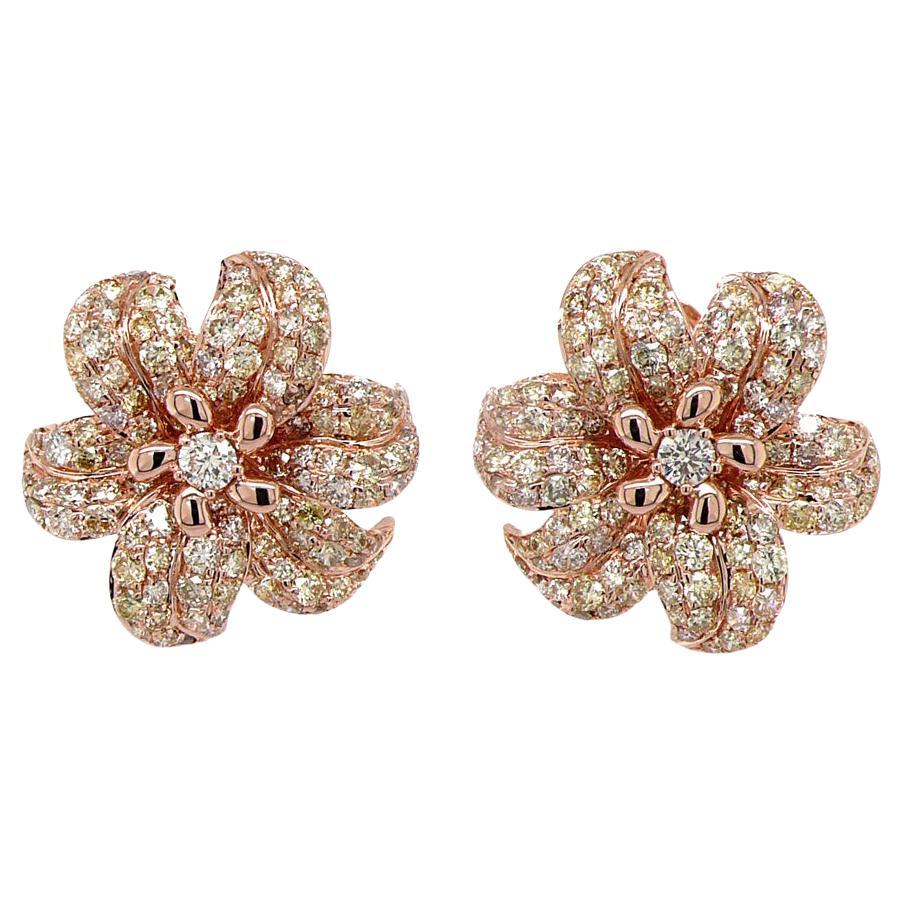 White & Fancy Diamond Pave Set Lilly Flower 18K Rose Gold Earrings For Sale