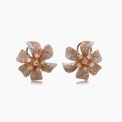 White Fancy Diamond Pave Set Lilly Flower 18K White & Rose Gold Earrings