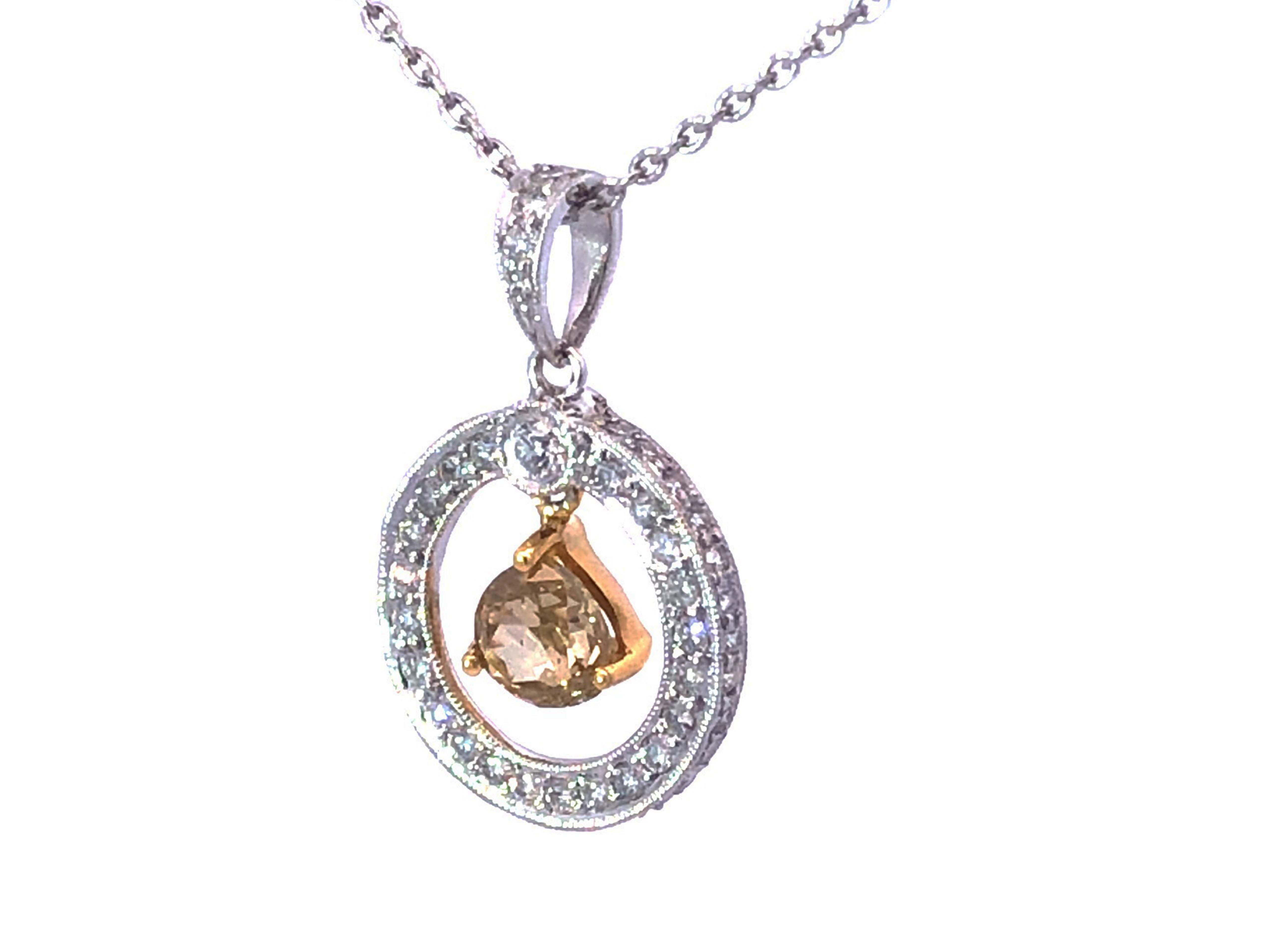 Round Cut White & Fancy Intense Brownish Yellow Diamond Circle Necklace in 18K White Gold For Sale