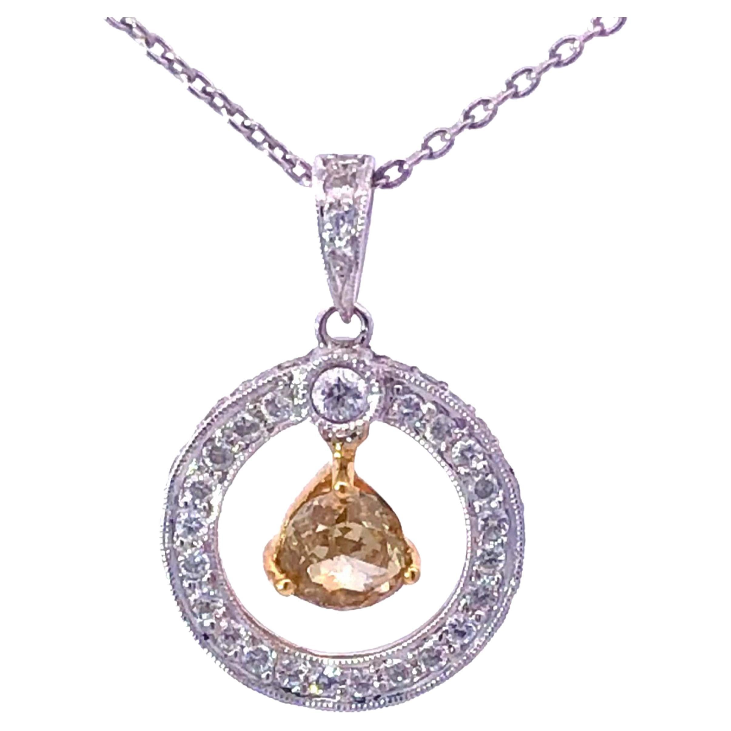 White & Fancy Intense Brownish Yellow Diamond Circle Necklace in 18K White Gold For Sale
