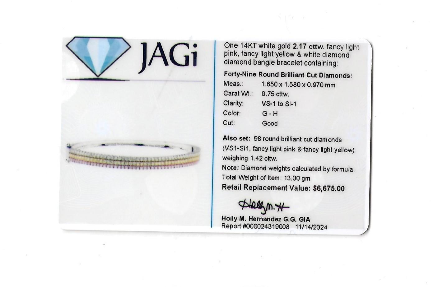 Weißer, pinker & gelber Diamant Dreireihiger Armreif aus 14 Karat Weißgold im Angebot 4