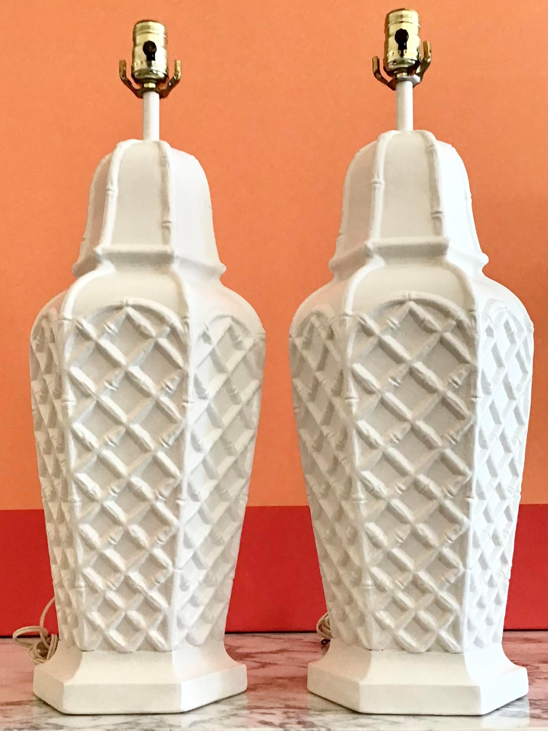 Pair of white faux bamboo plaster Ginger Jar table lamps. These are newly lacquered in white. Just add harps, finials, and shades of your choice.