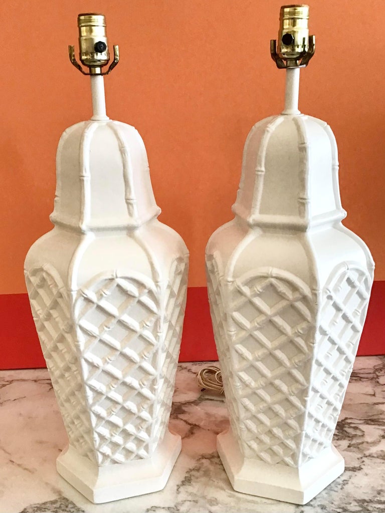 White Faux Bamboo Plaster Ginger Jar Table Lamps, a Pair For Sale at ...