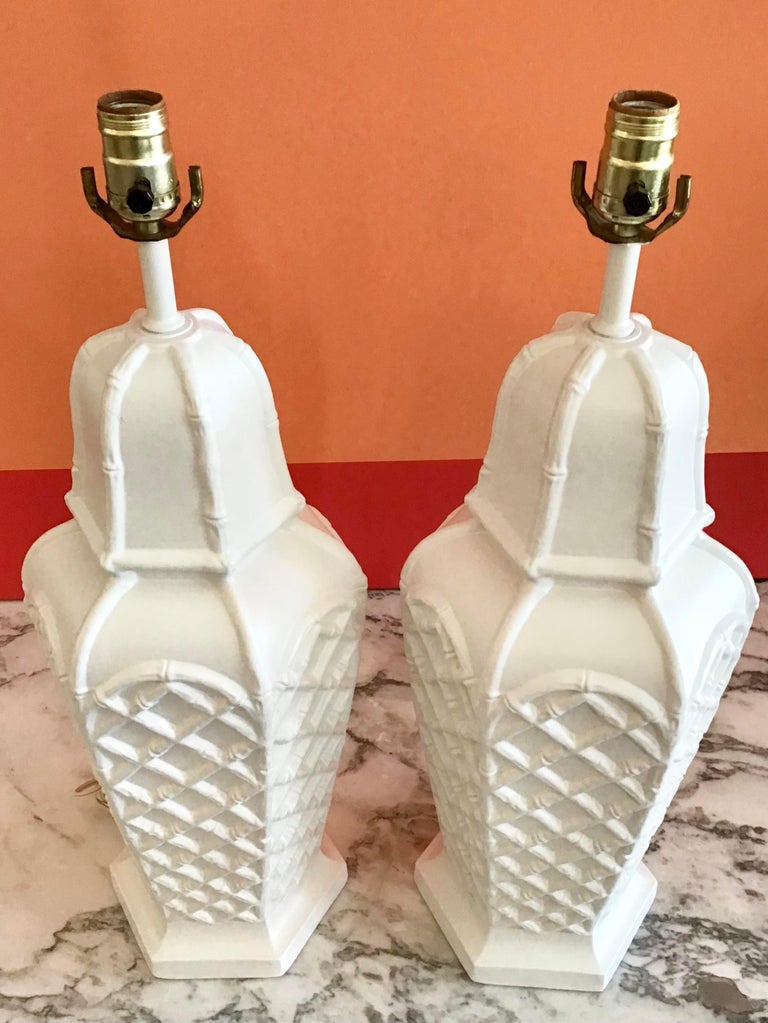 White Faux Bamboo Plaster Ginger Jar Table Lamps, a Pair For Sale at ...
