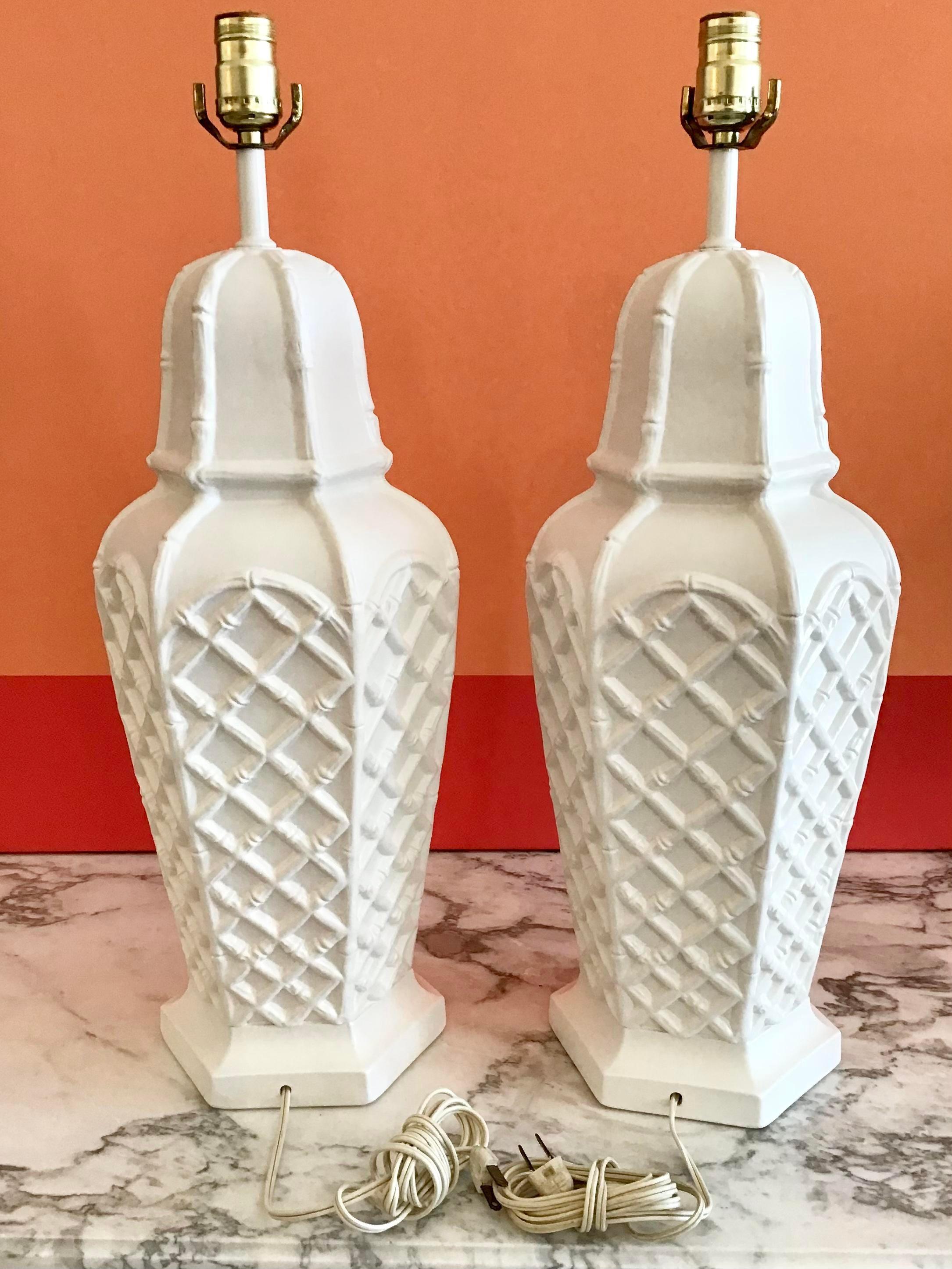 Mid-20th Century White Faux Bamboo Plaster Ginger Jar Table Lamps, a Pair For Sale