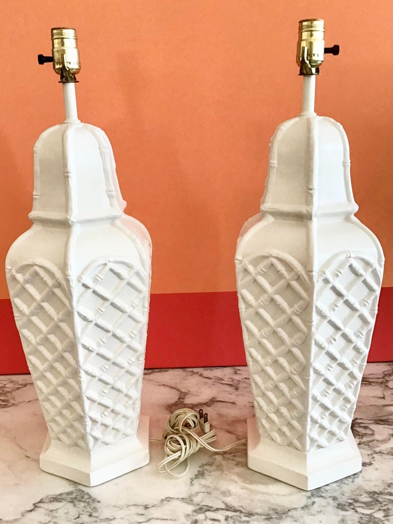 White Faux Bamboo Plaster Ginger Jar Table Lamps, a Pair For Sale at ...