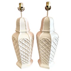 White Faux Bamboo Plaster Ginger Jar Table Lamps, a Pair