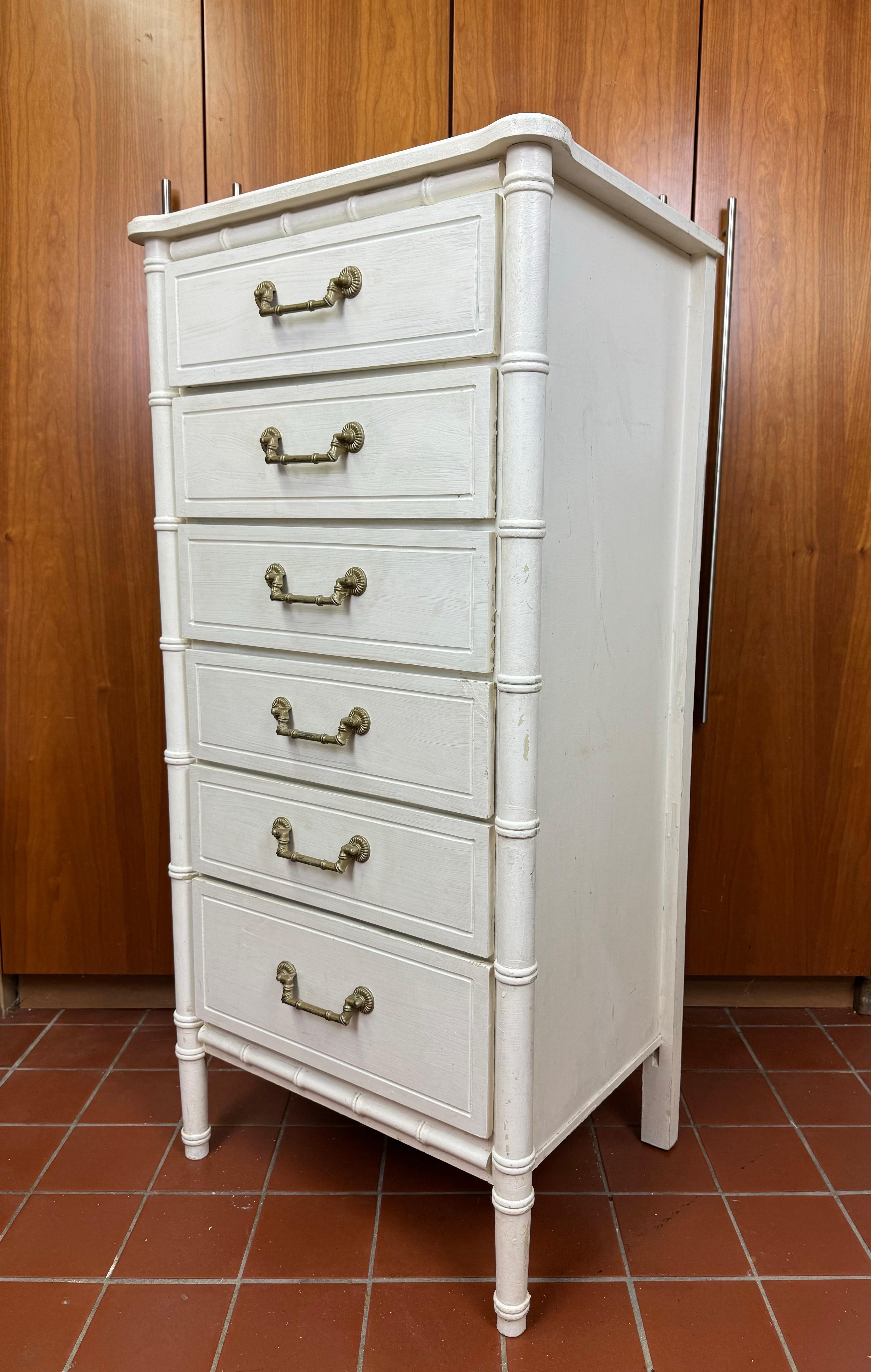 White Faux Bamboo Six Drawer Dresser In Good Condition In Redding, CT