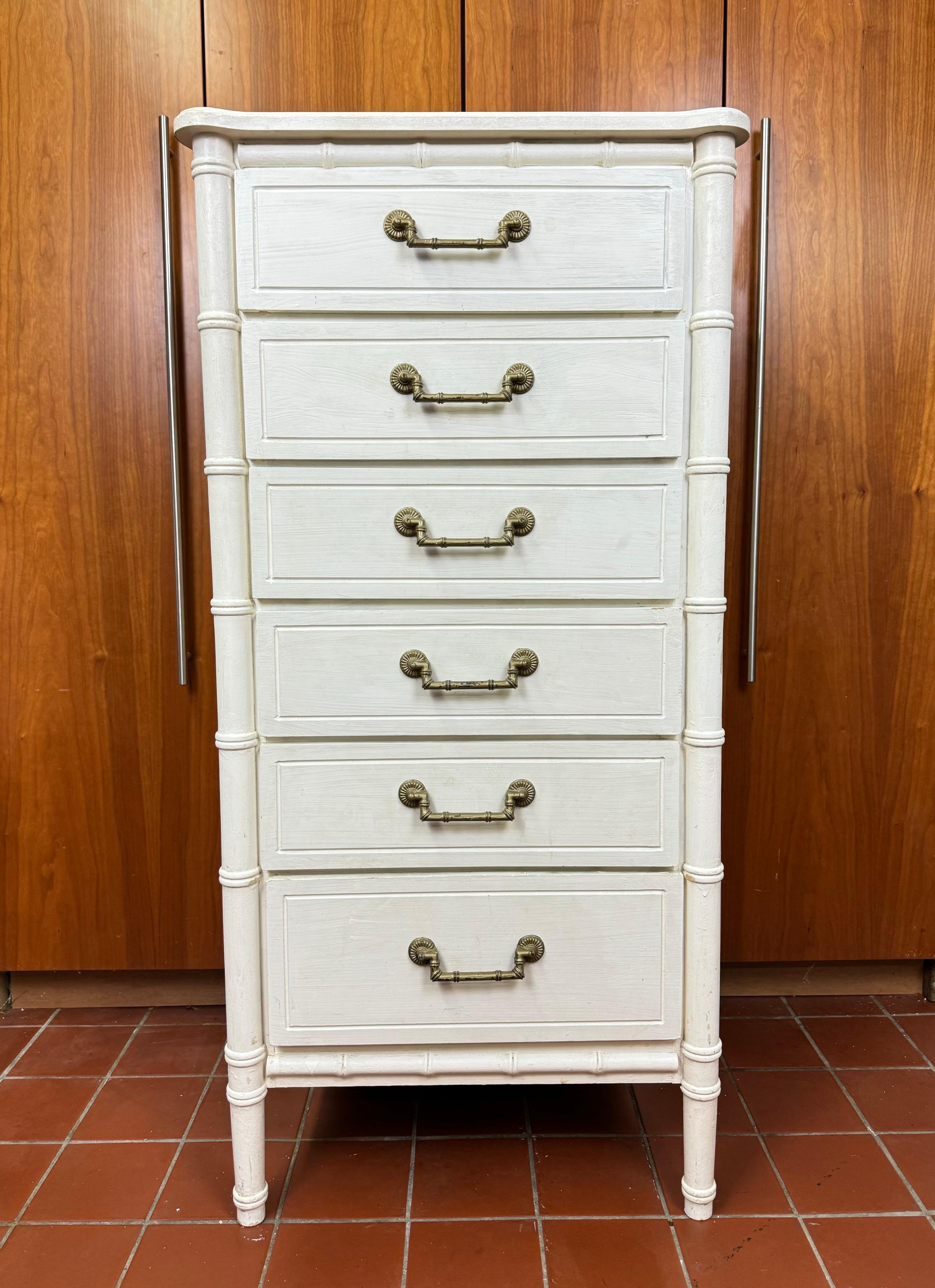 Late 20th Century White Faux Bamboo Six Drawer Dresser