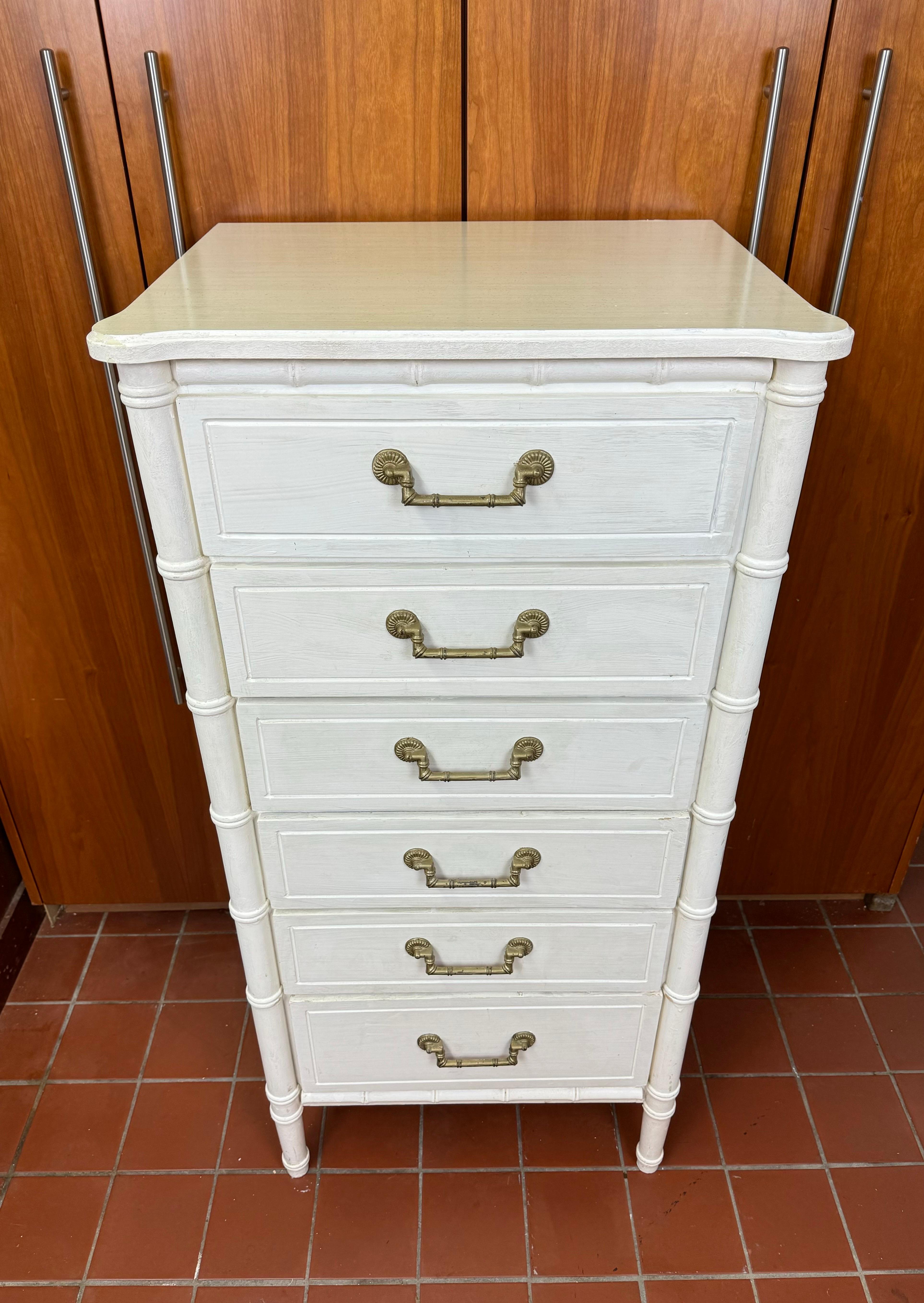 White Faux Bamboo Six Drawer Dresser 1