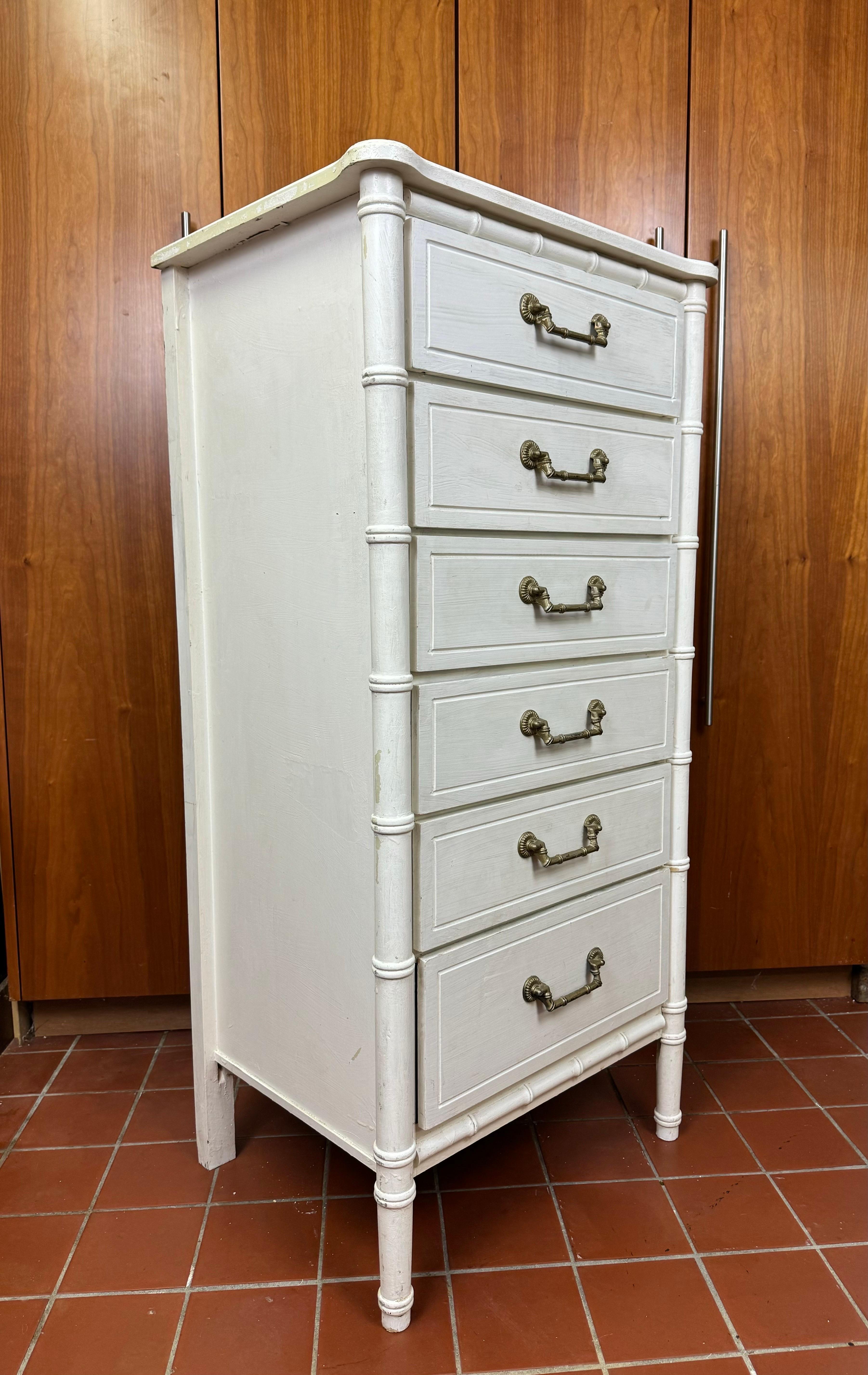 White Faux Bamboo Six Drawer Dresser 2