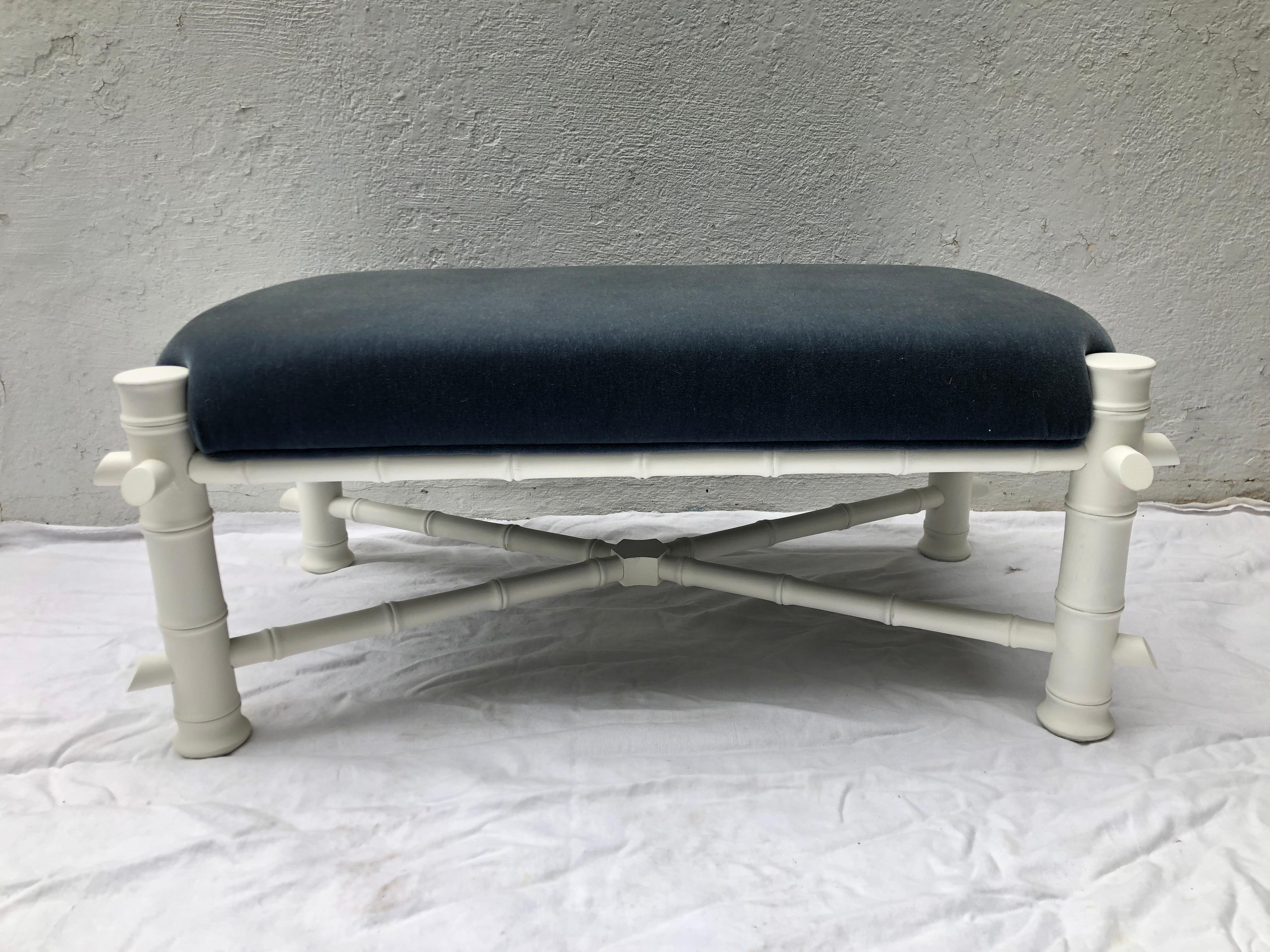 White Faux Bamboo Wood Upholstered Bench In Good Condition In East Hampton, NY