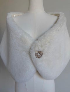 Christian Lacroix Vintage White Faux Fur Shawl with Jeweled Clasp