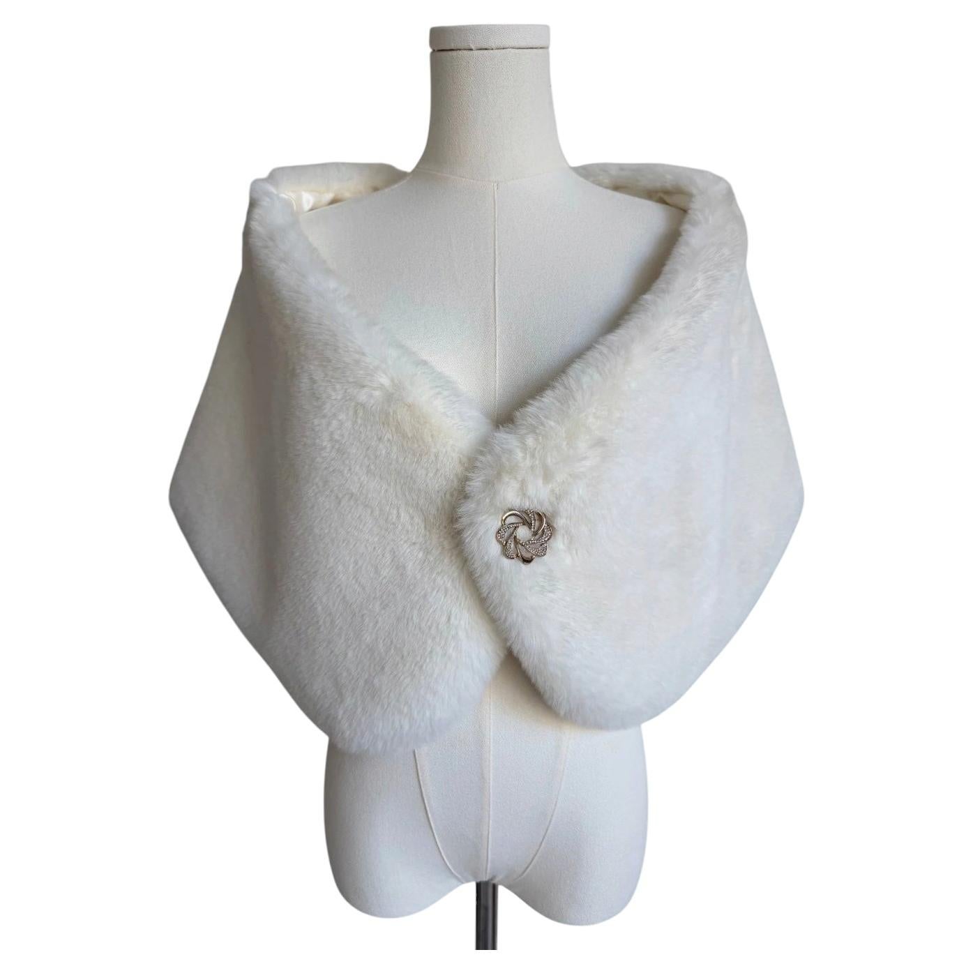 Christian Lacroix Vintage White Faux Fur Shawl with Jeweled Clasp